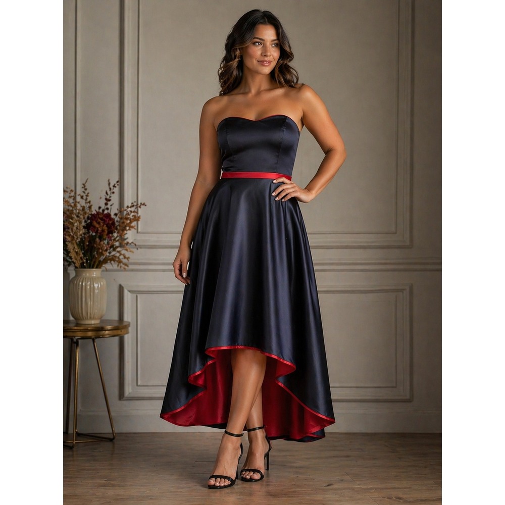 Alfred Angelo Whimsigoth Pin Up Midi Dress‎ Formal High Low Black Satin Size 10
